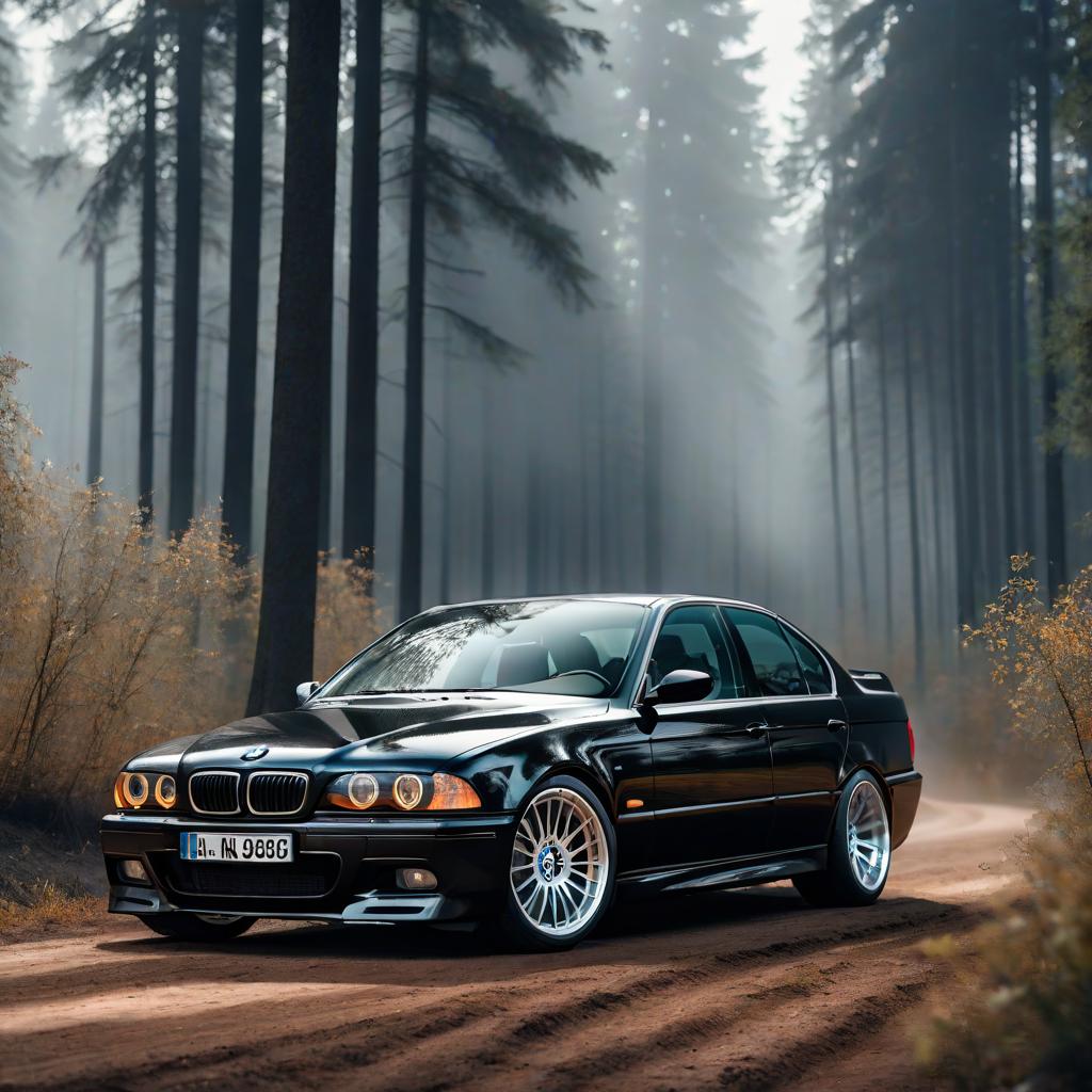  The black BMW E39 restyling is located in the forest on a dirt road, without license plates. hyperrealistic, full body, detailed clothing, highly detailed, cinematic lighting, stunningly beautiful, intricate, sharp focus, f/1. 8, 85mm, (centered image composition), (professionally color graded), ((bright soft diffused light)), volumetric fog, trending on instagram, trending on tumblr, HDR 4K, 8K