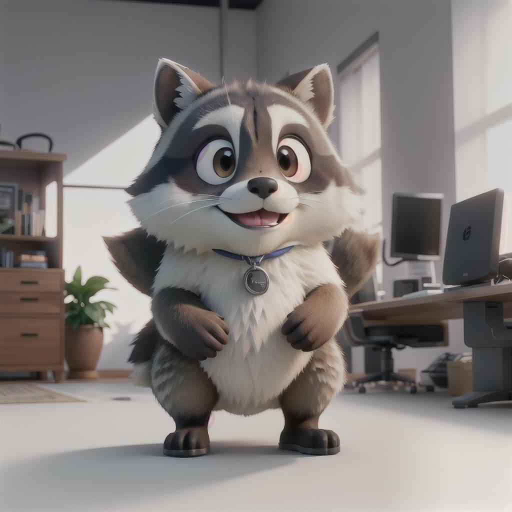  raccoon sitting in gaming chair front a computer on desktop, ((semi anthropomorphic)),(full body), tail, belly, sitting, fat, (chubby), (((white background))), solo, desktop, gaming chair, side view,  [[[clothes]]] hyperrealistic, full body, detailed clothing, highly detailed, cinematic lighting, stunningly beautiful, intricate, sharp focus, f/1. 8, 85mm, (centered image composition), (professionally color graded), ((bright soft diffused light)), volumetric fog, trending on instagram, trending on tumblr, HDR 4K, 8K