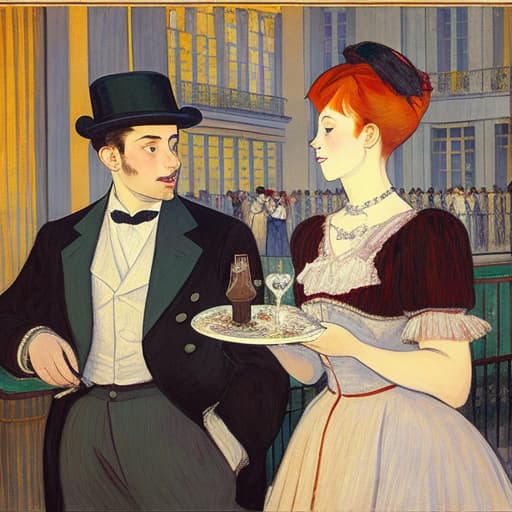  attractive young Parisian couple dressed in modern designer outfits who are romantically together in Paris. Foreground a small plate of fine dark chocolates on a bedside table. Background dusk with a light interior of the Louvre Museum. Painting style of Henri de Toulouse-Lautrec