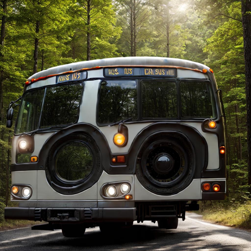  A bus driving on a road in a forest, with detailed foliage and trees, sharp focus, realistic lighting, and a clear view of the bus and its surroundings. style RAW, sideview, best quality, masterpiece