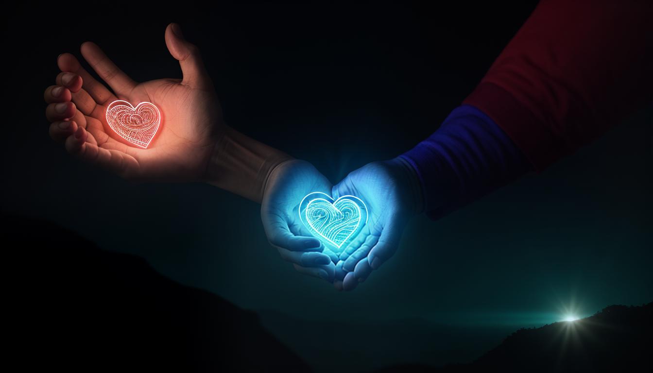  cinematic, aesthetic, An open hand offering a heart, veins visible, heart is intact yet worn, background of interconnected lines symbolizing connection and desire to be needed, vulnerability, 4k, HDR, lens flare