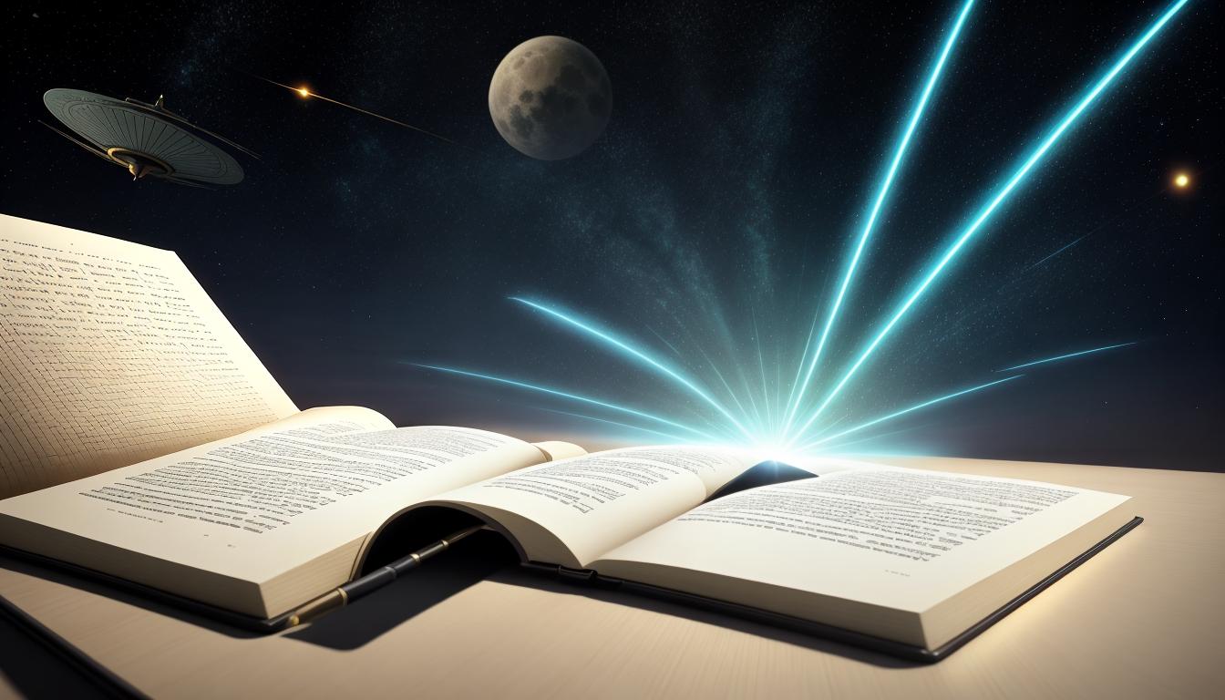  Retro anime aesthetics, retro futuristic Image needed, illustrative image, a large book with glowing pages, ethereal light emanating, open to a blank page, golden quill pen resting beside, metaphor for writing one's destiny, potential, new beginnings, 4k, HDR, lens flare