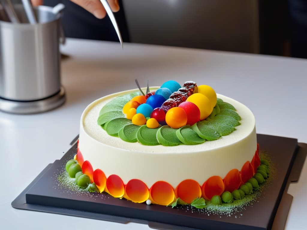  An ultradetailed image of a futuristic molecular gastronomy dessert being delicately constructed by a chef in a sleek, modern kitchen. The dessert features intricate layers of colorful gels, foams, and spheres, with tiny tweezers and precision tools adding the final touches. The background is a soft focus of stainless steel countertops and scientific equipment, capturing the essence of innovation and creativity in molecular pastry art. hyperrealistic, full body, detailed clothing, highly detailed, cinematic lighting, stunningly beautiful, intricate, sharp focus, f/1. 8, 85mm, (centered image composition), (professionally color graded), ((bright soft diffused light)), volumetric fog, trending on instagram, trending on tumblr, HDR 4K, 8K