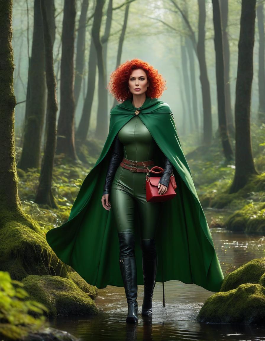  A with a short red curly haircut, A mature woman, with a green swampish cape, Bare ed, fantasy, thief, in the woods, With a bag slung over her shoulder, . Note: this translation may be partially incorrect due to insufficient context for some of the words. "голая" can mean both "" and "bare", so it's possible that the word "bare" was meant for another element in the prompt. Additionally, some grammar and punctuation may not be fully accurate as I translated the text without adjusting for English sentence structure and grammatical norms, but I tried to maintain the original punctuation as closely as possible. "Зелёная болотная накидкой" was translated to "green swampish cape" to emphasiz hyperrealistic, full body, detailed clothing, highly detailed, cinematic lighting, stunningly beautiful, intricate, sharp focus, f/1. 8, 85mm, (centered image composition), (professionally color graded), ((bright soft diffused light)), volumetric fog, trending on instagram, trending on tumblr, HDR 4K, 8K