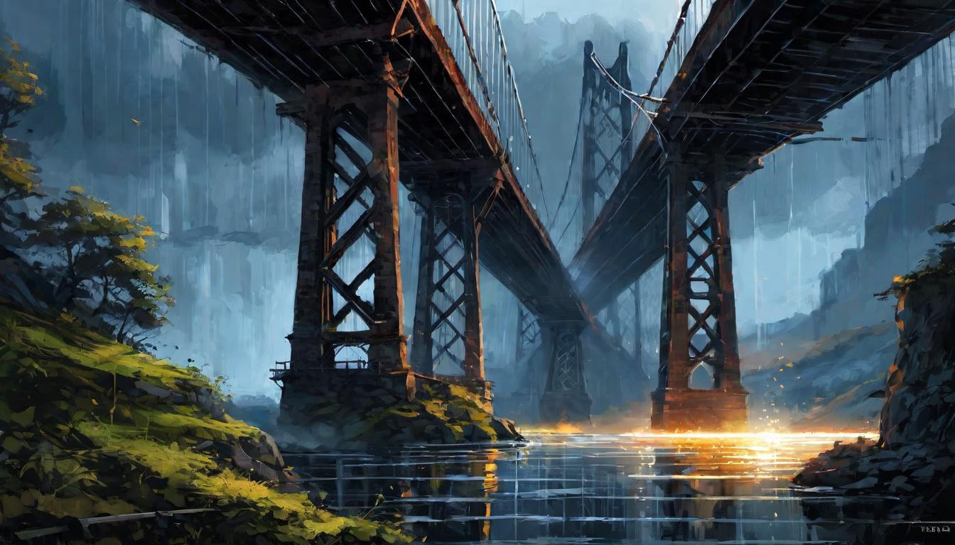  digital painting of Bridge made of light, thinner than a hair, sharper than a sword, cutting through darkness, intense contrast, foreboding, perilous path looking at viewer, dynamic pose, (intricate details, masterpiece, best quality)