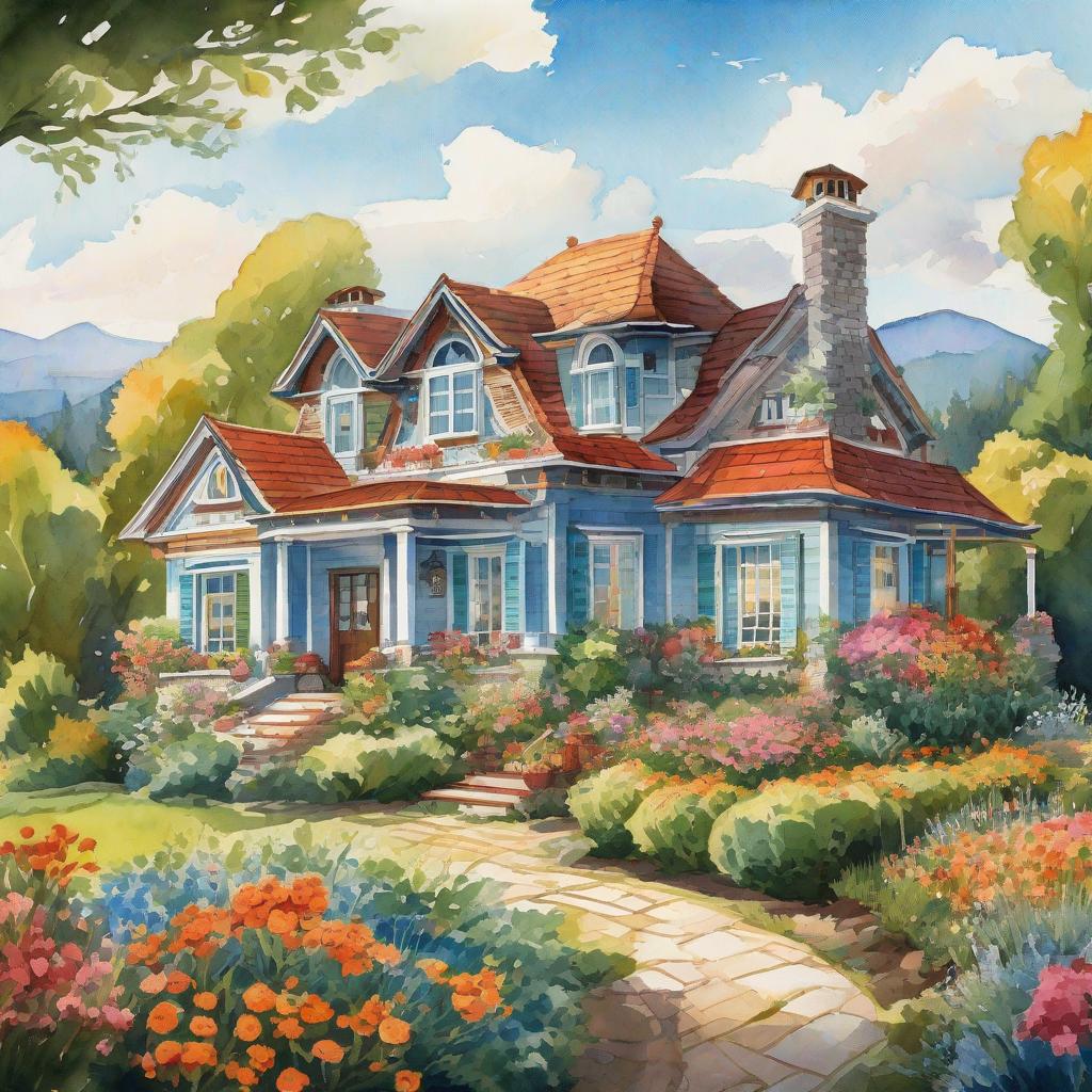  Masterpiece, best quality, a two-story house with intricate details and vivid colors against a backdrop of rolling hills and clear blue sky. Surrounded by lush gardens with flowers and towering trees. The atmosphere is cheerful and inviting, with a warm and comfortable feel. The style is a mixture of watercolors and illustrations, capturing the beauty of the house and the surrounding nature with soft and delicate strokes. Realizations are done using watercolors on textured paper, creating a dreamy and whimsical look.