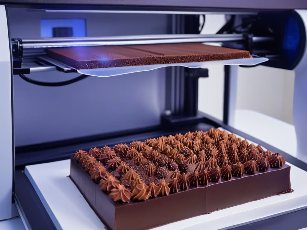  An image of a sleek, futuristic 3D chocolate printer in action, meticulously crafting intricate chocolate sculptures with precision and artistry. The machine is elegantly designed with a minimalist aesthetic, showcasing the cuttingedge technology behind the process. The focus is on the mesmerizing details of the chocolate being delicately extruded layer by layer, creating a sense of wonder and innovation in the world of 3D chocolate printing. hyperrealistic, full body, detailed clothing, highly detailed, cinematic lighting, stunningly beautiful, intricate, sharp focus, f/1. 8, 85mm, (centered image composition), (professionally color graded), ((bright soft diffused light)), volumetric fog, trending on instagram, trending on tumblr, HDR 4K, 8K