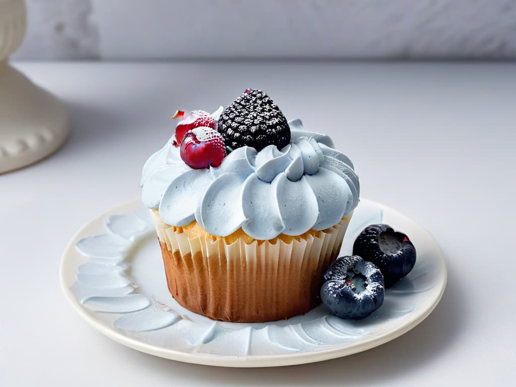  An image of a perfectly frosted cupcake, delicately adorned with fresh berries and edible flowers, set on a sleek, modern plate against a stark white background. The frosting is expertly piped, showcasing intricate swirls and peaks, while each berry glistens with a light wash of syrup. The vibrant colors of the berries pop against the monochromatic backdrop, creating a visually striking and enticing image that exudes elegance and sophistication. hyperrealistic, full body, detailed clothing, highly detailed, cinematic lighting, stunningly beautiful, intricate, sharp focus, f/1. 8, 85mm, (centered image composition), (professionally color graded), ((bright soft diffused light)), volumetric fog, trending on instagram, trending on tumblr, HDR 4K, 8K