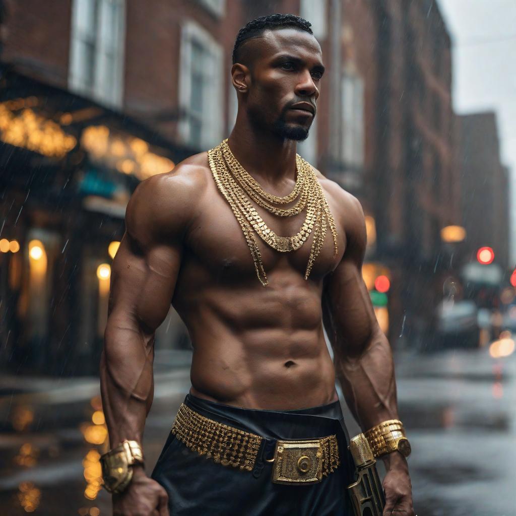  extremely muscular young black man wearing excessive gold-jewelry standing (topless) in a city-street in the rain. His arm is stretched out as he holds a handgun, Style: cinematic. hyperrealistic, full body, detailed clothing, highly detailed, cinematic lighting, stunningly beautiful, intricate, sharp focus, f/1. 8, 85mm, (centered image composition), (professionally color graded), ((bright soft diffused light)), volumetric fog, trending on instagram, trending on tumblr, HDR 4K, 8K