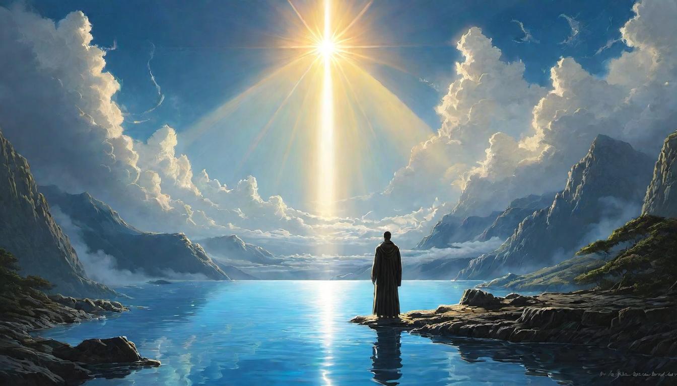  （surrealism)A radiant figure standing in a pool of light, raised hands towards the heavens, clothes flowing as though in a breeze, sense of culmination, divine strength mystic, intricate details, best quality)