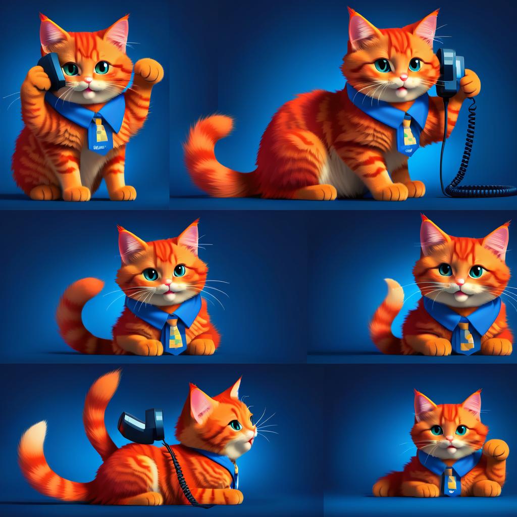  Corporate branding style The cartoonish 8bit cute red furry cat, smiling on a dark blue background, is talking on the phone, glad that the connection is clear. . Professional, clean, modern, sleek, minimalist, business oriented, highly detailed hyperrealistic, full body, detailed clothing, highly detailed, cinematic lighting, stunningly beautiful, intricate, sharp focus, f/1. 8, 85mm, (centered image composition), (professionally color graded), ((bright soft diffused light)), volumetric fog, trending on instagram, trending on tumblr, HDR 4K, 8K