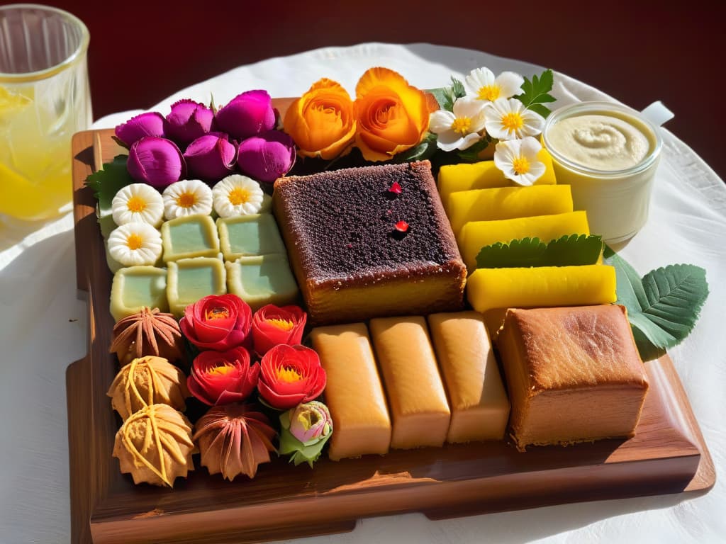  An ultradetailed image of a beautifully arranged platter filled with traditional Ethiopian desserts, showcasing a variety of colorful and intricately designed sweets such as dabo kolo, kinche, and baklava. The desserts are meticulously garnished with delicate edible flowers and placed on a rustic, wooden serving board, exuding an air of authenticity and cultural richness. Each dessert is meticulously crafted, highlighting the vibrant colors and textures unique to Ethiopian sweet treats. hyperrealistic, full body, detailed clothing, highly detailed, cinematic lighting, stunningly beautiful, intricate, sharp focus, f/1. 8, 85mm, (centered image composition), (professionally color graded), ((bright soft diffused light)), volumetric fog, trending on instagram, trending on tumblr, HDR 4K, 8K