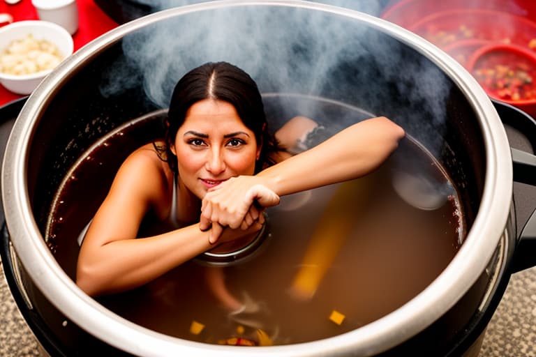  hot gipsy sweating sitting in big boiling pot with stew