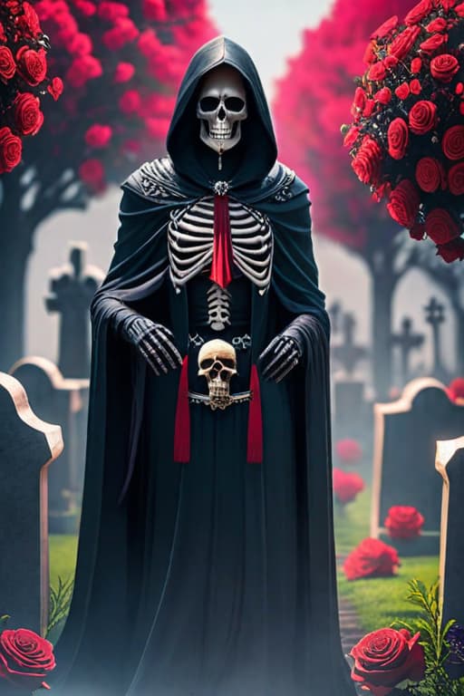  Realistic Skull Santa muerte, long hair walking in a cemetery, hooded gown, crown of roses, dia de Los muertos, skulls, photorealistic, fog, moonlight, gothic, scary, black roses hyperrealistic, full body, detailed clothing, highly detailed, cinematic lighting, stunningly beautiful, intricate, sharp focus, f/1. 8, 85mm, (centered image composition), (professionally color graded), ((bright soft diffused light)), volumetric fog, trending on instagram, trending on tumblr, HDR 4K, 8K