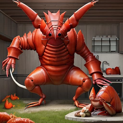  an evil giant lobster who has a chicken as a pet