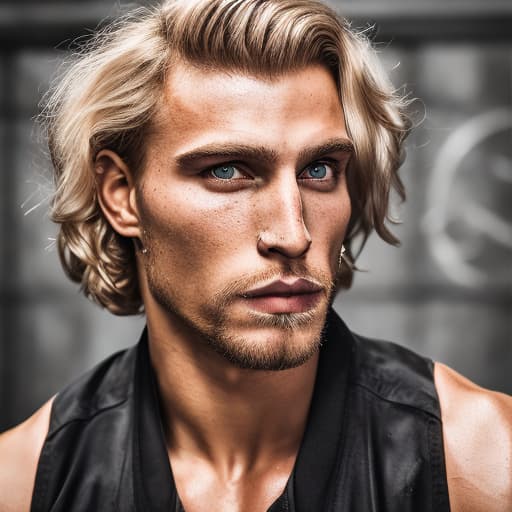 portrait+ style Russian queer fitness model blonde hunk dude face