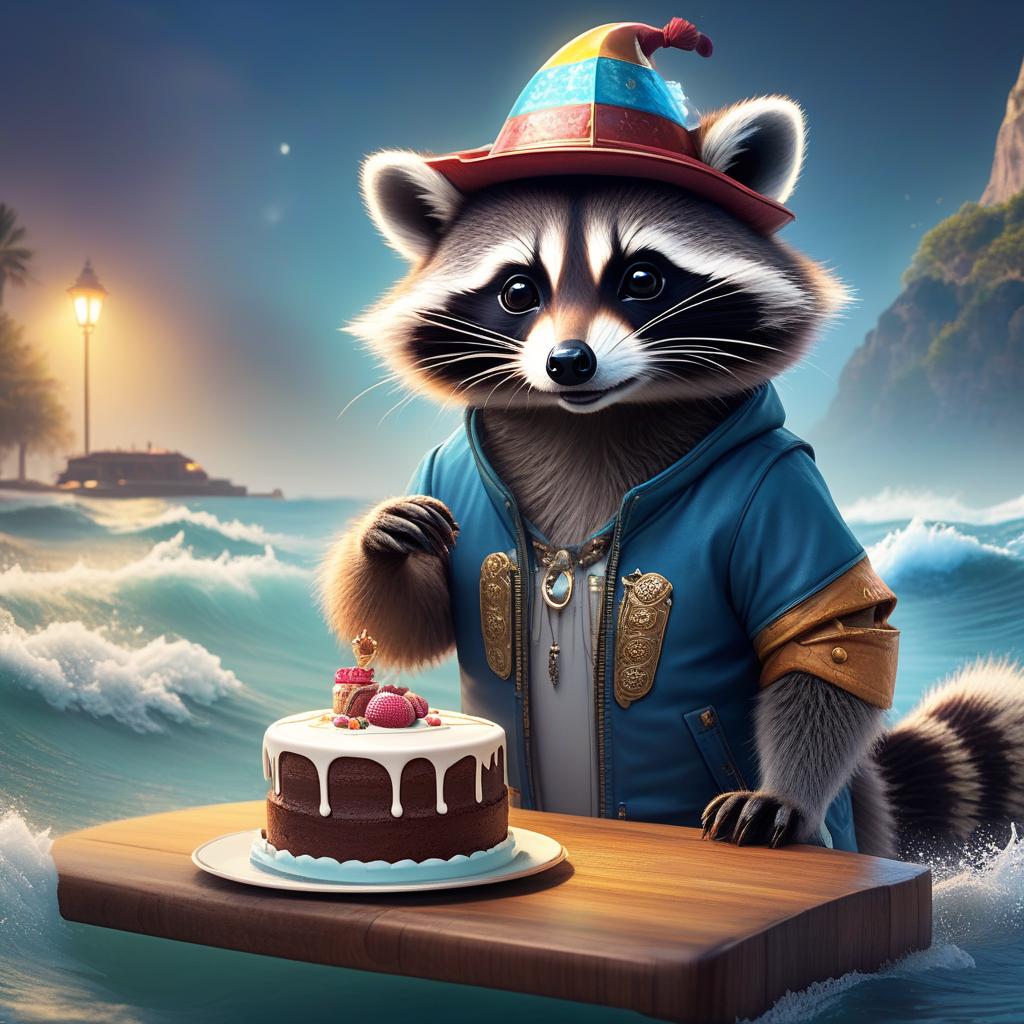  concept art A raccoon in a festive hat holds a cake in its paw and rides a wakeboard on the waves . digital artwork, illustrative, painterly, matte painting, highly detailed hyperrealistic, full body, detailed clothing, highly detailed, cinematic lighting, stunningly beautiful, intricate, sharp focus, f/1. 8, 85mm, (centered image composition), (professionally color graded), ((bright soft diffused light)), volumetric fog, trending on instagram, trending on tumblr, HDR 4K, 8K