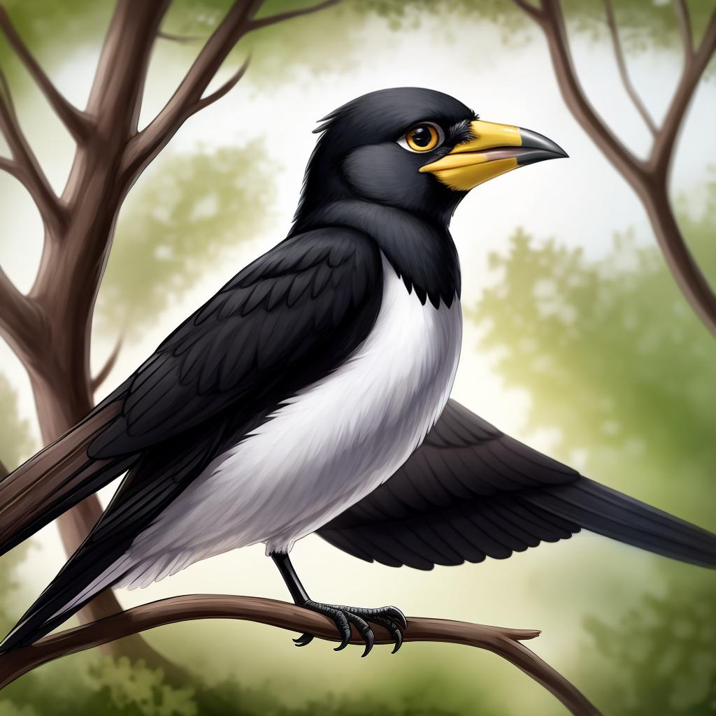  yellow-billed magpie, holarctic magpie, magpie (corvid), open eyes, digital art, masterpiece, 4k, fine details,