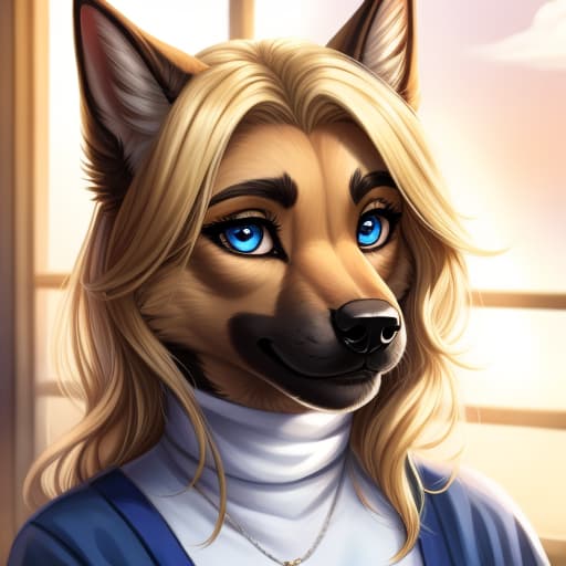  Anthro, Female, German Shepard, blue eyes, blond hair, open eyes, digital art, masterpiece, 4k, fine details,