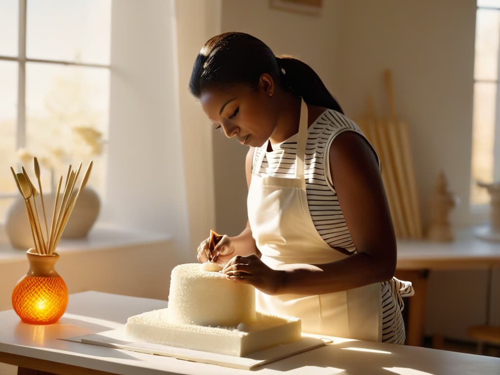  A photorealistic image of a skilled sugar artist meticulously crafting a delicate and intricate sugar sculpture in a bright, sunlit studio. The artist, wearing a crisp white apron and focused expression, delicately shapes the sugar with precise tools as the warm glow of the sunlight filters through large windows, casting soft shadows on the worktable. The elegant sculpture, taking shape under the artist's expert hands, captures the essence of creativity and precision in sugar artistry, highlighting the interplay between climate, temperature, and the delicate medium of sugar. hyperrealistic, full body, detailed clothing, highly detailed, cinematic lighting, stunningly beautiful, intricate, sharp focus, f/1. 8, 85mm, (centered image composition), (professionally color graded), ((bright soft diffused light)), volumetric fog, trending on instagram, trending on tumblr, HDR 4K, 8K