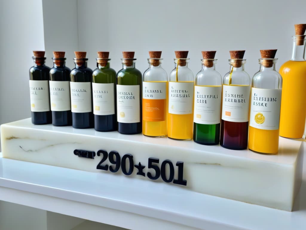  An ultradetailed image of a variety of colorful glass bottles filled with different natural extracts like vanilla, almond, lemon, and orange, neatly arranged on a sleek marble countertop. Each bottle has a small, elegant label with handwritten calligraphy indicating the type of extract inside. The bottles catch the light, creating a dazzling array of reflections and shadows, emphasizing the purity and richness of the natural essences within. hyperrealistic, full body, detailed clothing, highly detailed, cinematic lighting, stunningly beautiful, intricate, sharp focus, f/1. 8, 85mm, (centered image composition), (professionally color graded), ((bright soft diffused light)), volumetric fog, trending on instagram, trending on tumblr, HDR 4K, 8K