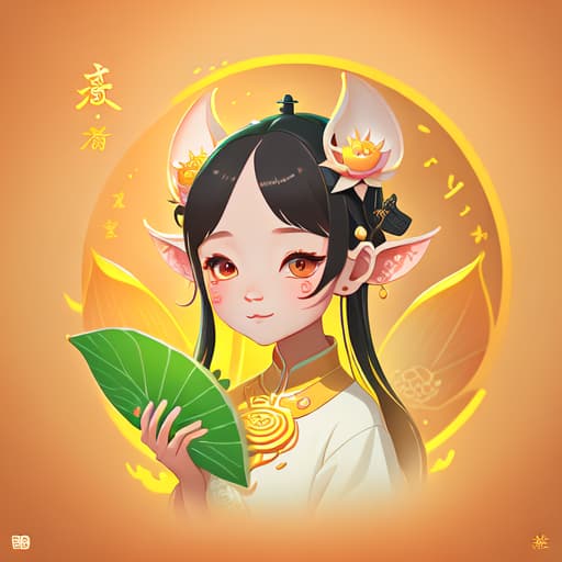 in OliDisco style cute girl. dragon boat festival. cartoon Zongzi personification. evil ears. spirit. lotus leaf. cute. 8K. high quality.