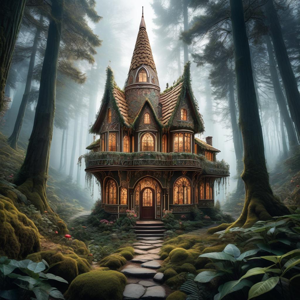  Entwining of mysticism and reality, fairy tale, gingerbread house, (exquisite house), hand drawn illustration, (double exposure). change in objects. in the depths of the forest, world of surrealist painting, , lines, written with black ink on white background, simple shapes. hyperrealistic, full body, detailed clothing, highly detailed, cinematic lighting, stunningly beautiful, intricate, sharp focus, f/1. 8, 85mm, (centered image composition), (professionally color graded), ((bright soft diffused light)), volumetric fog, trending on instagram, trending on tumblr, HDR 4K, 8K