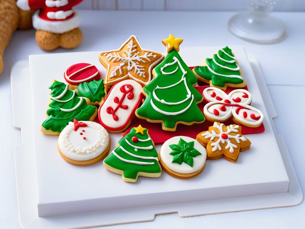  An ultradetailed image of a beautifully arranged assortment of sugarfree and lowcarb Christmas cookies on a sleek, modern platter. Each cookie is intricately decorated with festive icing in intricate designs of snowflakes, holly leaves, and candy canes, showcasing the artistry and creativity that can be achieved with diabeticfriendly ingredients. The cookies glisten under a soft, natural light, highlighting their delicate textures and inviting colors. hyperrealistic, full body, detailed clothing, highly detailed, cinematic lighting, stunningly beautiful, intricate, sharp focus, f/1. 8, 85mm, (centered image composition), (professionally color graded), ((bright soft diffused light)), volumetric fog, trending on instagram, trending on tumblr, HDR 4K, 8K