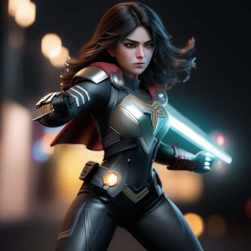  A superhero young woman fights creaters at night and has a mighty hammer like Thor hammer , hyperrealistic, high quality, highly detailed, cinematic lighting, intricate, sharp focus, f/1. 8, 85mm, (centered image composition), (professionally color graded), ((bright soft diffused light)), volumetric fog, trending on instagram, HDR 4K, 8K