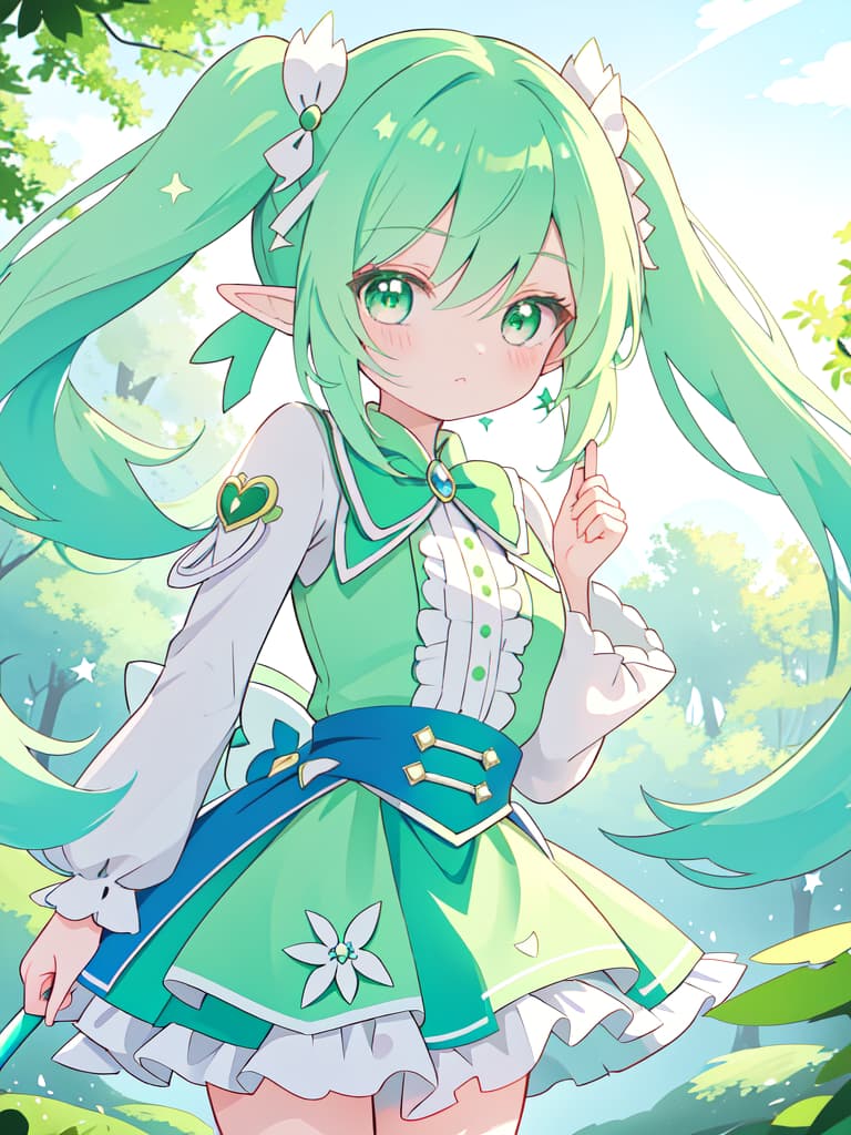  A cool expression that looks like a magical girl with a green hair character, twin tails on the elf ear, masterpiece, best quality,8k,ultra detailed,high resolution,an extremely delicate and beautiful,hyper detail