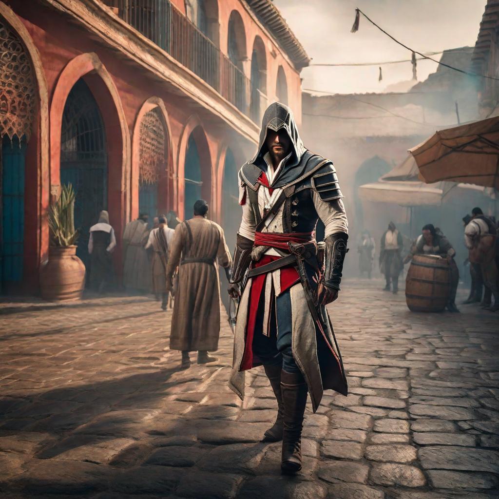  Assassin's creed in México hyperrealistic, full body, detailed clothing, highly detailed, cinematic lighting, stunningly beautiful, intricate, sharp focus, f/1. 8, 85mm, (centered image composition), (professionally color graded), ((bright soft diffused light)), volumetric fog, trending on instagram, trending on tumblr, HDR 4K, 8K