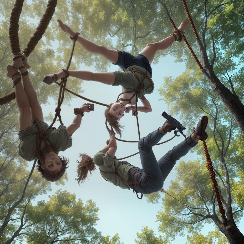  A man is hanging upside down from a tree with a rope tied around his feet and a girl is pointing a gun at him.