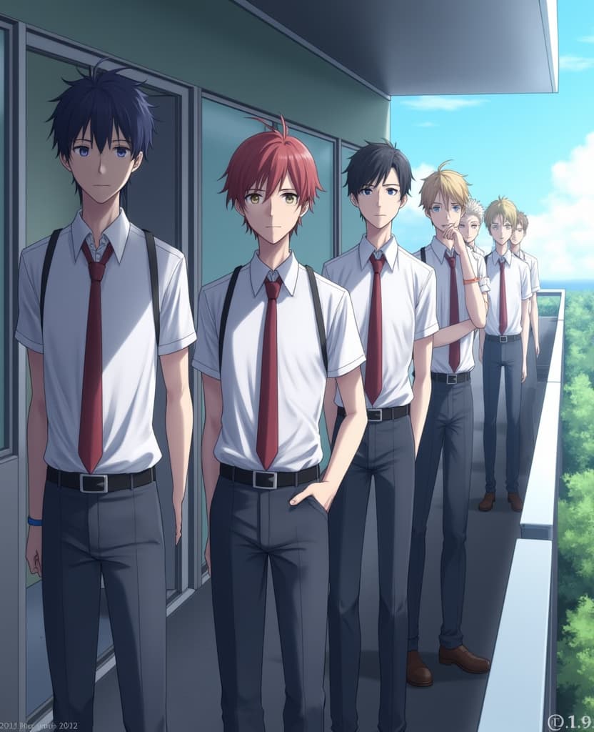  good quality, high quality, 5 guys,18s,wearing uniform,standing outside class,in balcony hall,far distance pov,anime style