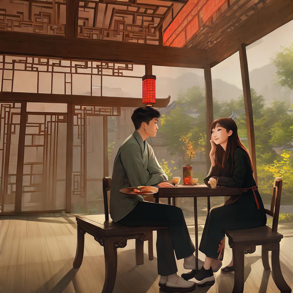  Masterpiece, best quality, a young couple sitting and talking, in an ancient Chinese teahouse, time dusk, dim lighting