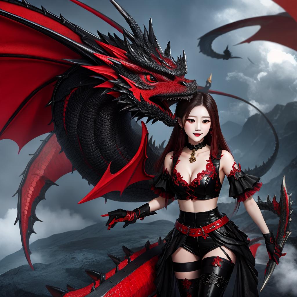  masterpiece, best quality, Red and black dragon with girl