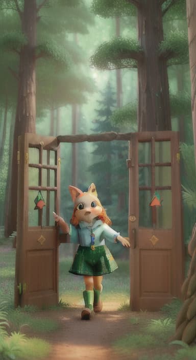  {A beautiful forest filled with tall, green pine trees with a hint of magic sparkling in the air., Friendly woodland creatures like bunnies, foxes, and birds, alongside an adventurous girl named Lily wearing a cute, explorer's outfit and a magical, glowing pine tree with a door in its trunk.