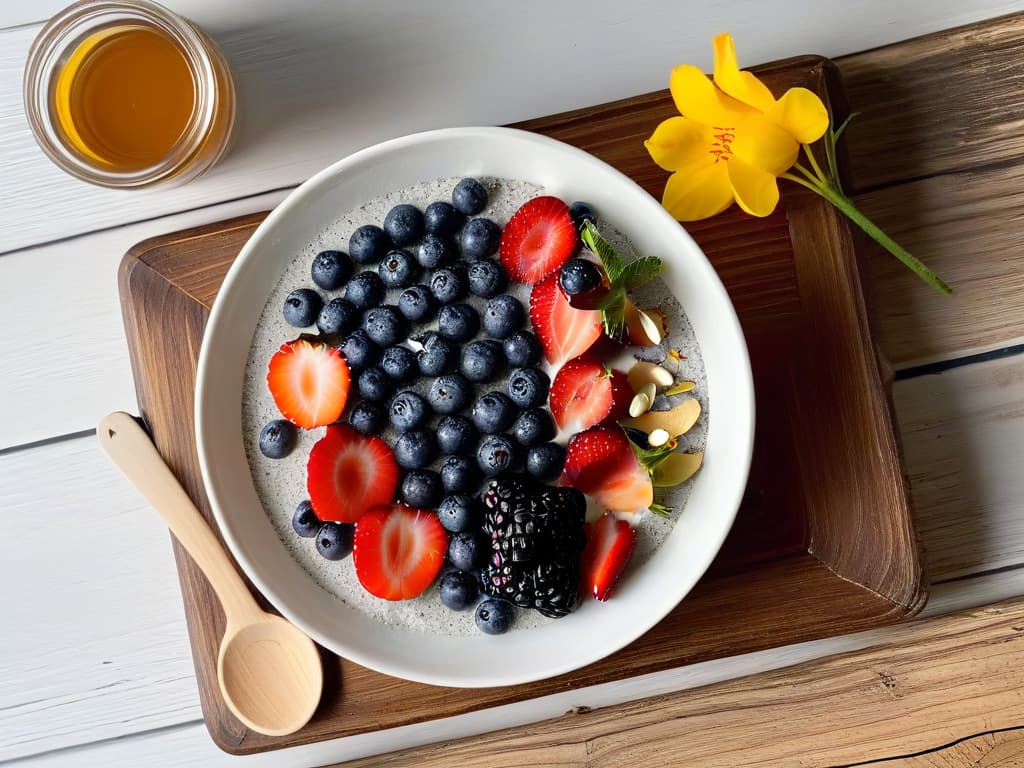  An image of a beautifully plated chia seed pudding topped with fresh berries, sliced almonds, and a drizzle of honey, all arranged on a simple white ceramic dish placed on a rustic wooden table. The chia seeds are perfectly bloomed, creating a textural contrast against the vibrant colors of the fruits, with a soft natural light casting gentle shadows, enhancing the overall aesthetic appeal of this nutritious and delicious dessert option. hyperrealistic, full body, detailed clothing, highly detailed, cinematic lighting, stunningly beautiful, intricate, sharp focus, f/1. 8, 85mm, (centered image composition), (professionally color graded), ((bright soft diffused light)), volumetric fog, trending on instagram, trending on tumblr, HDR 4K, 8K