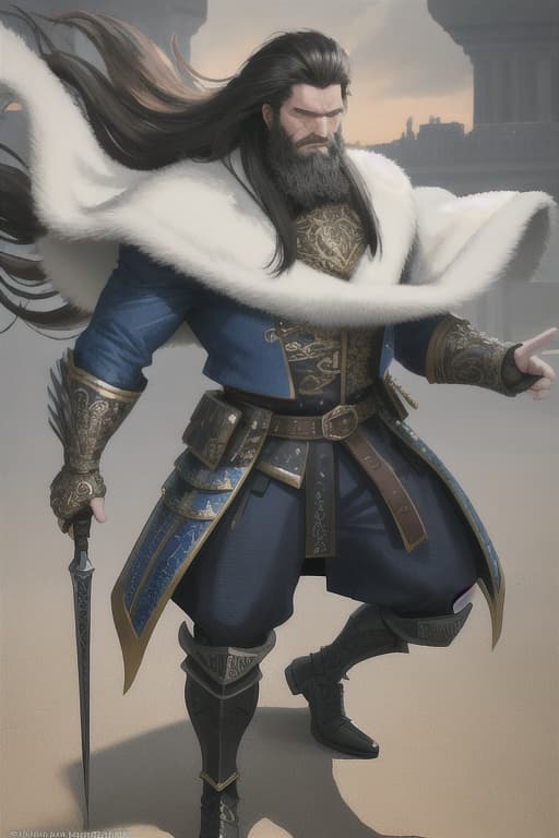  Middle -aged uncle, dandy, armor, beard, long hair, pose, battle hyperrealistic, full body, detailed clothing, highly detailed, cinematic lighting, stunningly beautiful, intricate, sharp focus, f/1. 8, 85mm, (centered image composition), (professionally color graded), ((bright soft diffused light)), volumetric fog, trending on instagram, trending on tumblr, HDR 4K, 8K
