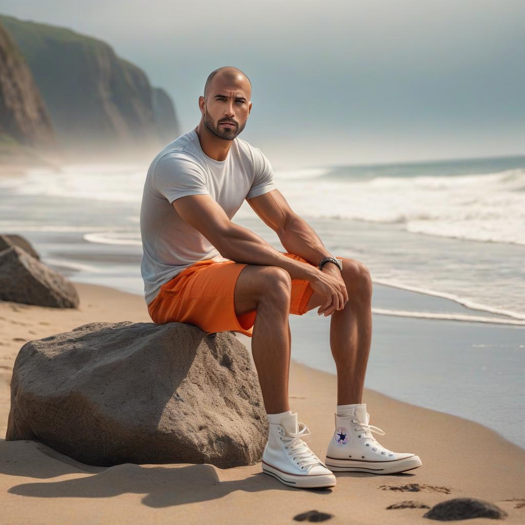  A guy in orange shorts and Converse shoes is sitting on the beach in the summer. hyperrealistic, full body, detailed clothing, highly detailed, cinematic lighting, stunningly beautiful, intricate, sharp focus, f/1. 8, 85mm, (centered image composition), (professionally color graded), ((bright soft diffused light)), volumetric fog, trending on instagram, trending on tumblr, HDR 4K, 8K