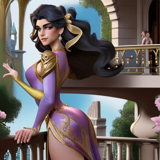  Fantasy Disney princes,seen from the back,wearing skinny transparant but opulent looking costume and short dress,bending forward stone balcony watching her beautifull kingdom outside the pallace where the sun is getting low