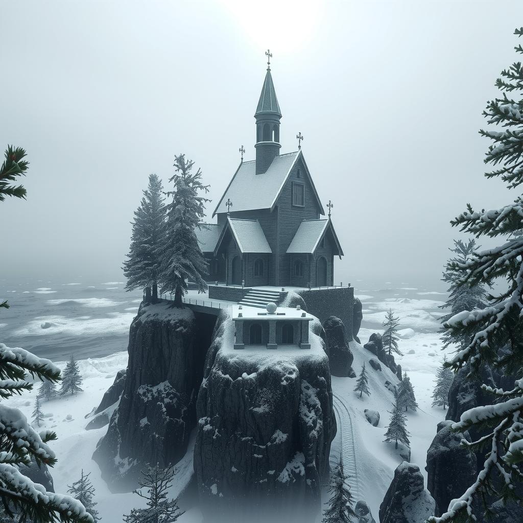  snowy arctic island covered in pine forests just above a stormy sea, the island looms 150 feet over the water in icy, treacherous cliffs, gothic mausoleum stands on the northern end of the island, haunting, 1990s ravenloft art ar 16:9 hyperrealistic, full body, detailed clothing, highly detailed, cinematic lighting, stunningly beautiful, intricate, sharp focus, f/1. 8, 85mm, (centered image composition), (professionally color graded), ((bright soft diffused light)), volumetric fog, trending on instagram, trending on tumblr, HDR 4K, 8K