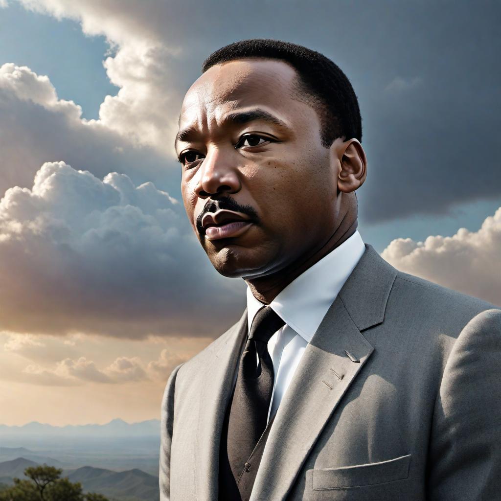  Martin Luther King Jr. standing on a mountaintop, with his gaze set toward the horizon. He is depicted in a contemplative posture, with a serene expression on his face, symbolizing hope and vision. The background shows a range of majestic mountains under a sky with gentle sunlight breaking through the clouds, casting a soft light on his figure. The image should evoke a sense of inspiration and aspiration, reminiscent of his 'I Have a Dream' speech, capturing the essence of looking toward a bright and equitable future. hyperrealistic, full body, detailed clothing, highly detailed, cinematic lighting, stunningly beautiful, intricate, sharp focus, f/1. 8, 85mm, (centered image composition), (professionally color graded), ((bright soft diffused light)), volumetric fog, trending on instagram, trending on tumblr, HDR 4K, 8K