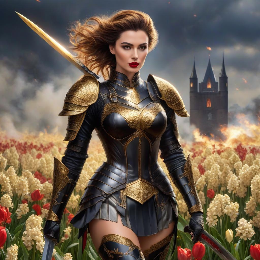  The with the brown hair. Тhe dress, the purse, the brown eyes. Shorts, , red lips. A in armor. A black sword with gold details. Fire. The rigor of the lines. Power. The sword gives off electric shocks. Highly detailed, highly detailed, highly detailed image and all details. ((Sparkling rim)): spring field, hyacinths, roses, rosehips, rose hips, peonies, cherry tree, yellow, red, black flowers, forget me nots. Nature in the background, spring, delight. Luxury, richness. High quality. Swarovski, pandora. The Emerald Palace, the towers. Holobue sky. Golden spires, Gothic style. Fantasy, fairy tale. Poppy field in front of palace. Emerald stones, Green Alley.Luxury, wealth. spring field, hyacinths, roses, rosehips, rose hips, p hyperrealistic, full body, detailed clothing, highly detailed, cinematic lighting, stunningly beautiful, intricate, sharp focus, f/1. 8, 85mm, (centered image composition), (professionally color graded), ((bright soft diffused light)), volumetric fog, trending on instagram, trending on tumblr, HDR 4K, 8K