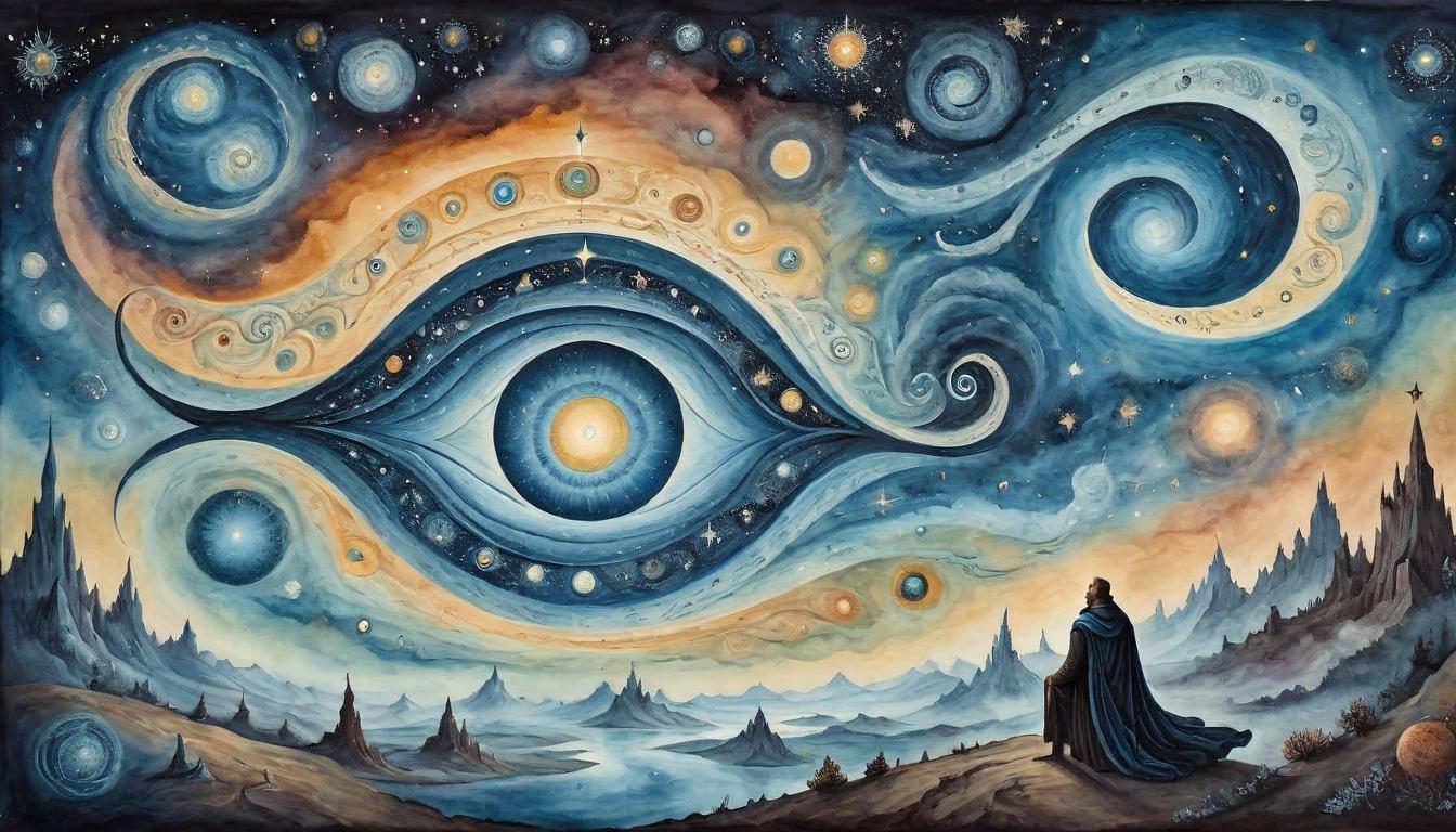  on parchment, surrealism+++, A vast cosmic landscape, stars and galaxies swirling around a central figure, eyes glowing with awareness, vast, infinite, watchful, empowered(mysterious, provocative, symbolic,muted color)+++