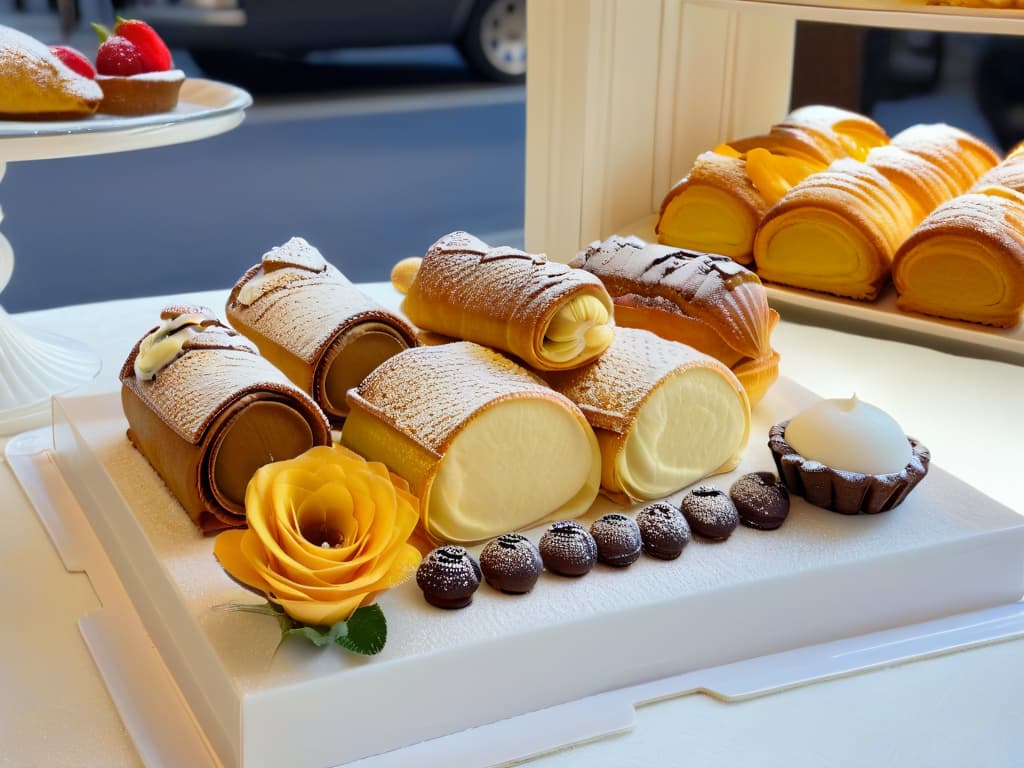  A photorealistic image of an elegant Italian pasticceria, showcasing a display of intricately decorated pastries such as cannoli, tiramisu, and sfogliatelle. The pastries are artfully arranged on delicate porcelain plates, surrounded by vintage silverware and dainty floral arrangements. Soft natural light filters through a nearby window, casting a warm glow on the delectable treats, highlighting their rich textures and vibrant colors. The scene exudes an air of sophistication and indulgence, inviting viewers to immerse themselves in the world of authentic Italian pastry secrets. hyperrealistic, full body, detailed clothing, highly detailed, cinematic lighting, stunningly beautiful, intricate, sharp focus, f/1. 8, 85mm, (centered image composition), (professionally color graded), ((bright soft diffused light)), volumetric fog, trending on instagram, trending on tumblr, HDR 4K, 8K