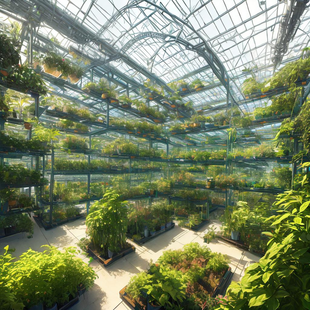  ((masterpiece)), (((best quality))), 8k, high detailed, ultra-detailed. An innovative agritech landscape with futuristic elements, engaging and thought-provoking, for a LinkedIn post. The scene features: (a vast greenhouse with transparent walls), (a vertical farming system with crops growing in stacked shelves), (automated robots tending to the plants), (smart sensors monitoring the environmental conditions), and (drones hovering above, collecting data). The color palette should be vibrant and modern, with a mix of lush green tones and metallic accents. The lighting should depict a bright and sunny day, with rays of sunlight streaming through the glass walls of the greenhouse. hyperrealistic, full body, detailed clothing, highly detailed, cinematic lighting, stunningly beautiful, intricate, sharp focus, f/1. 8, 85mm, (centered image composition), (professionally color graded), ((bright soft diffused light)), volumetric fog, trending on instagram, trending on tumblr, HDR 4K, 8K