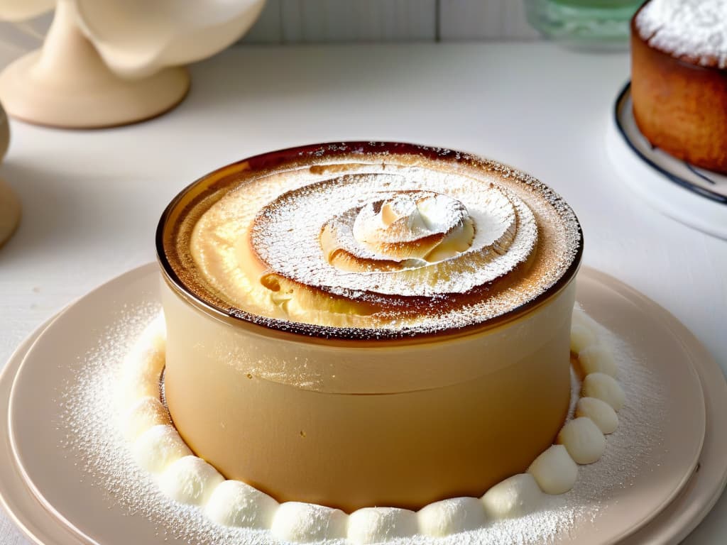  A closeup, ultradetailed image of a perfectly goldenbrown soufflé rising in a crystalclear glass ramekin, with delicate wisps of steam gently curling upwards from its perfectly domed top. The surface of the soufflé is adorned with a sprinkling of powdered sugar, and the edges of the ramekin are slightly blurred, emphasizing the focus on the meticulously crafted dessert. The lighting captures the texture and color of the soufflé in exquisite detail, showcasing the artistry and skill required in the world of pastry baking. hyperrealistic, full body, detailed clothing, highly detailed, cinematic lighting, stunningly beautiful, intricate, sharp focus, f/1. 8, 85mm, (centered image composition), (professionally color graded), ((bright soft diffused light)), volumetric fog, trending on instagram, trending on tumblr, HDR 4K, 8K