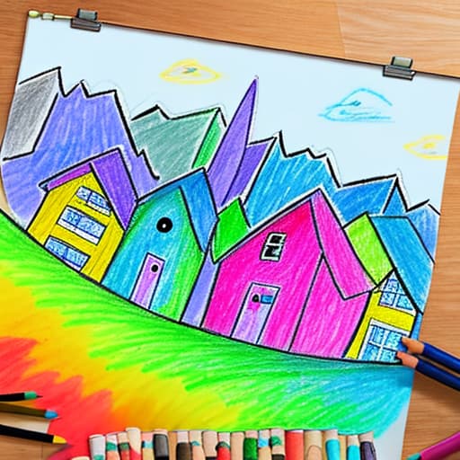  Crayon drawing colorful world buildings,