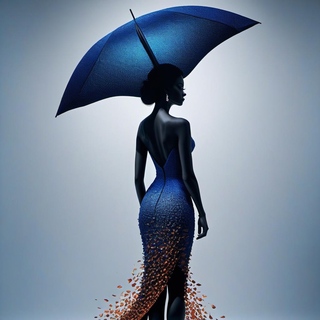  Stunning conceptual art, ferrogel silhouette of an elegant woman. Whimsically polyrythmic perturbations of the ferrogel, providing texture and three dimensionality. The background consists of a gradient on a white canvas that allows the bright dark blue color and seared oranges to stand out, creating an intriguing effect with the combination of "woman" and "umbrella". The overall composition is cinematic and aligns with the trend, emphasizing the simplicity of the lines and contrast between the forms and colors, creating a sense of style and refinement. Cinematic, conceptual art, illustrations, 3d rendering, fashion, photography. hyperrealistic, full body, detailed clothing, highly detailed, cinematic lighting, stunningly beautiful, intricate, sharp focus, f/1. 8, 85mm, (centered image composition), (professionally color graded), ((bright soft diffused light)), volumetric fog, trending on instagram, trending on tumblr, HDR 4K, 8K