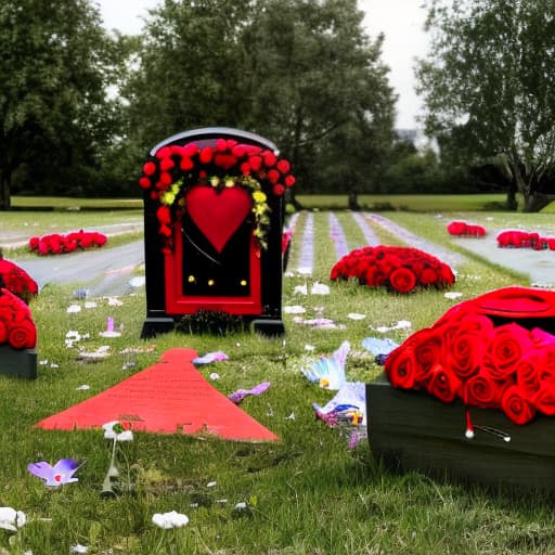  create an image of a memorial with a coffin in the middle with many flowers around a red coffin the coffin is closed a red coffin with several people around it with many reporters with a microphone